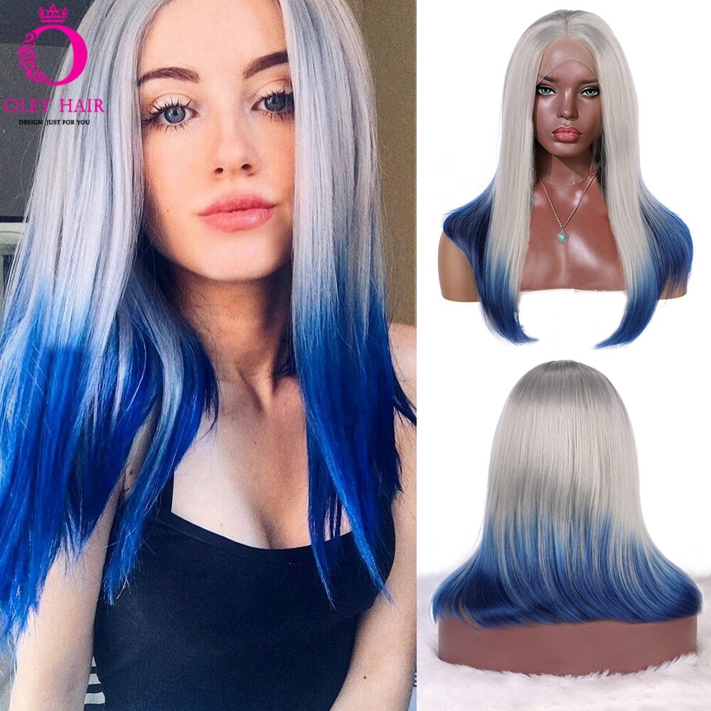 Oley hittebestendige korte blauwe synthetische lace front pruik cosplay oranje blonde ombre pruik drag queen bob pruiken voor zwarte vrouwen: Ombre blauw / 18 inch