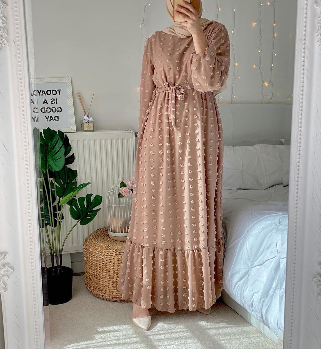 Wepbel – Robe musulmane à manches longues, col rond, Abaya, petite boule de fourrure, musulmane, grande taille, Robe Maxi arabe