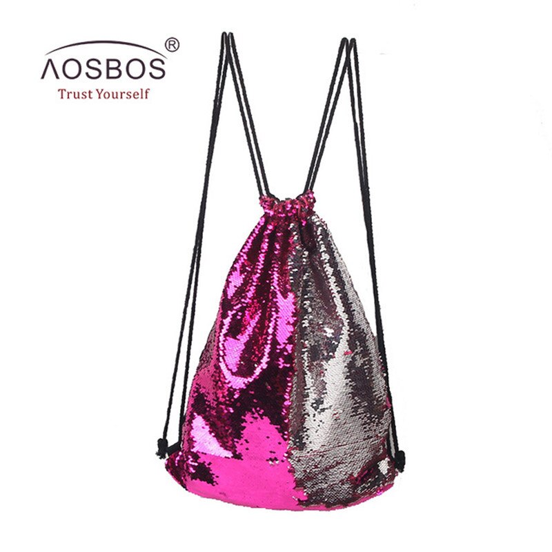 Aosbos Sequin Drawstring Backpack Foldable Sports Gym Bag Outdoor Women Men Training Fitness Bags Drawstring Bag for Shoes: Rose silver