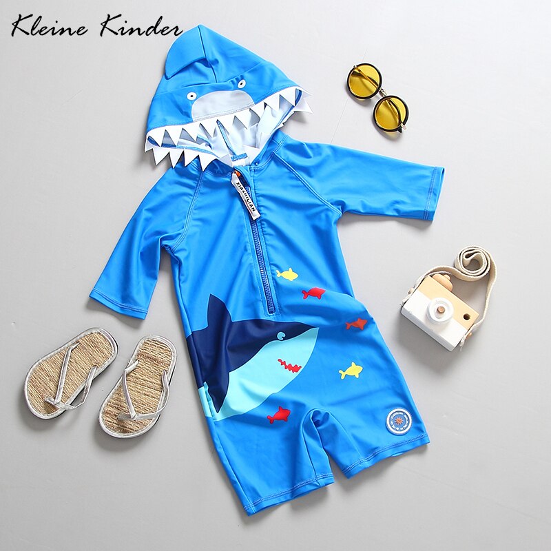 Children's Swimwear Hooded One Piece Toddler Baby Swimsuit 3/4 Sleeve Shark Blue Kids Bathing Suit Beachwear Indoor Swim Clothes