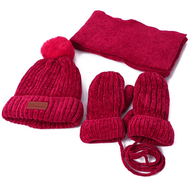 Tredelt hatte tørklæde handsker sæt børn hat vinter varm vante pompon strikket hat med foring efterår ensfarvet beanies sæt: Rød