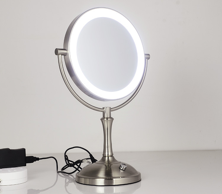 Miroir de maquillage métallique à 2 faces, 8 pouces, avec lampe LED grossissante 3X 5X 10X, pour cosmétique, réglage de la luminosité