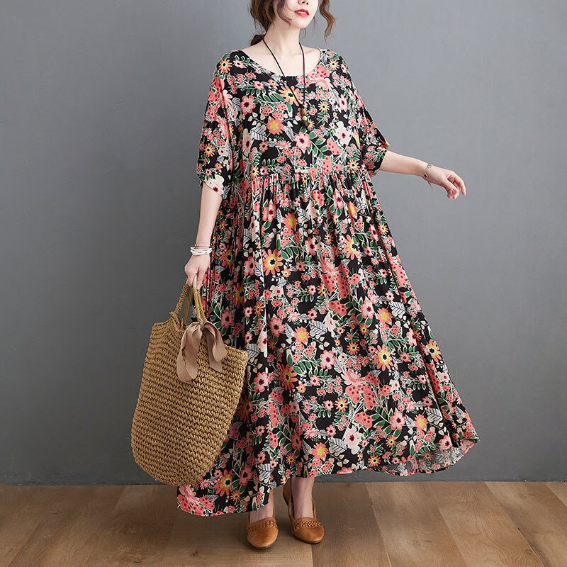 DIMANAF Summer Dress Women Prairie Chic Plus Size Dress Flowers Print Lady Vestidos Sundress Maxi Dress Oversized: tao-hong