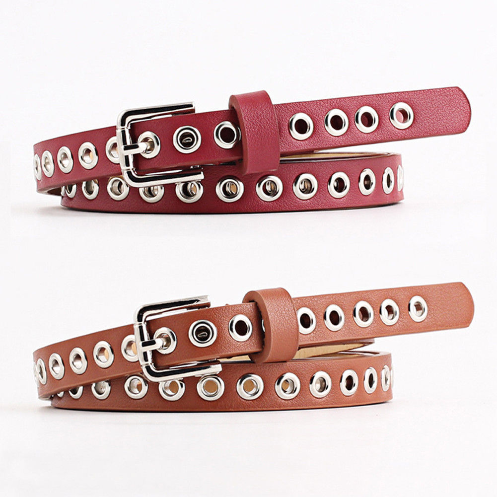 Style Women PU Leather Belt With Rivet Casual Studded Single Grommet Holes Waist Chain