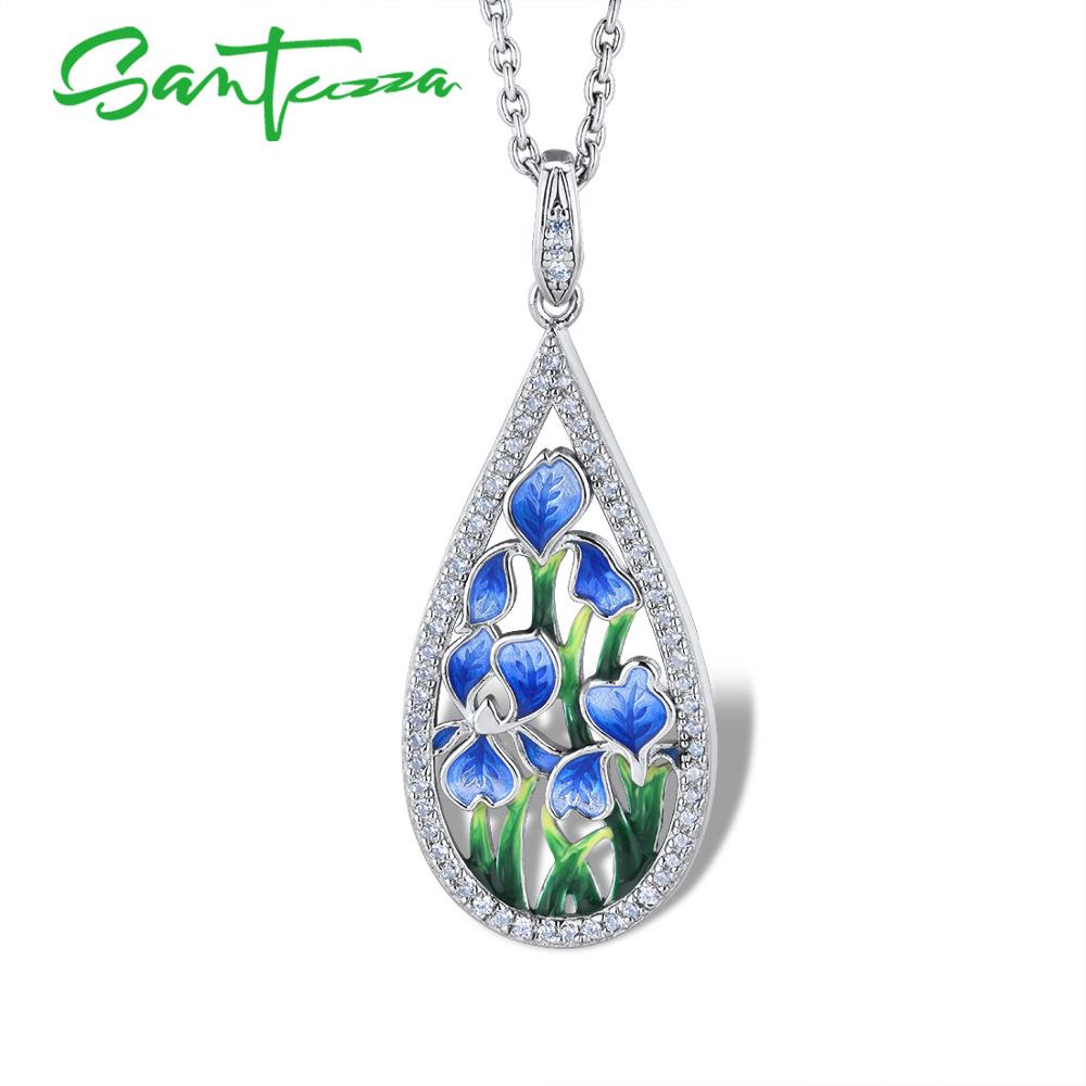 SANTUZZA Silver Flower Pendant For Women 925 Sterling Silver HANDMADE Enamel Blue Petal Pendant Fit For Necklace Jewelry