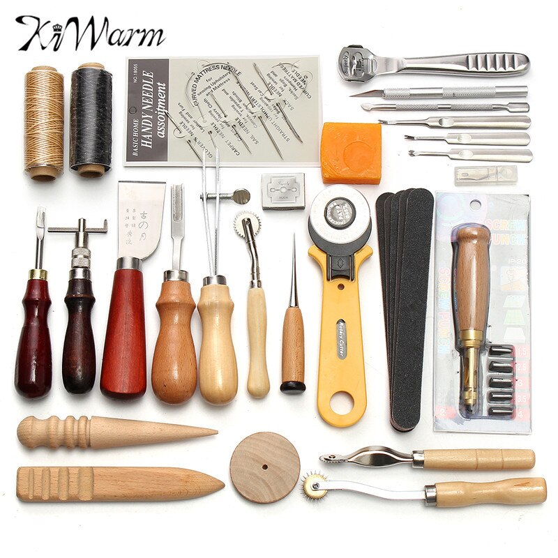 18/24/37/62Pcs Leather Craft Punch Tools Kit SET Stitching Carving Groover leather craft tools set kit Working Sewing Saddle: 37pcs