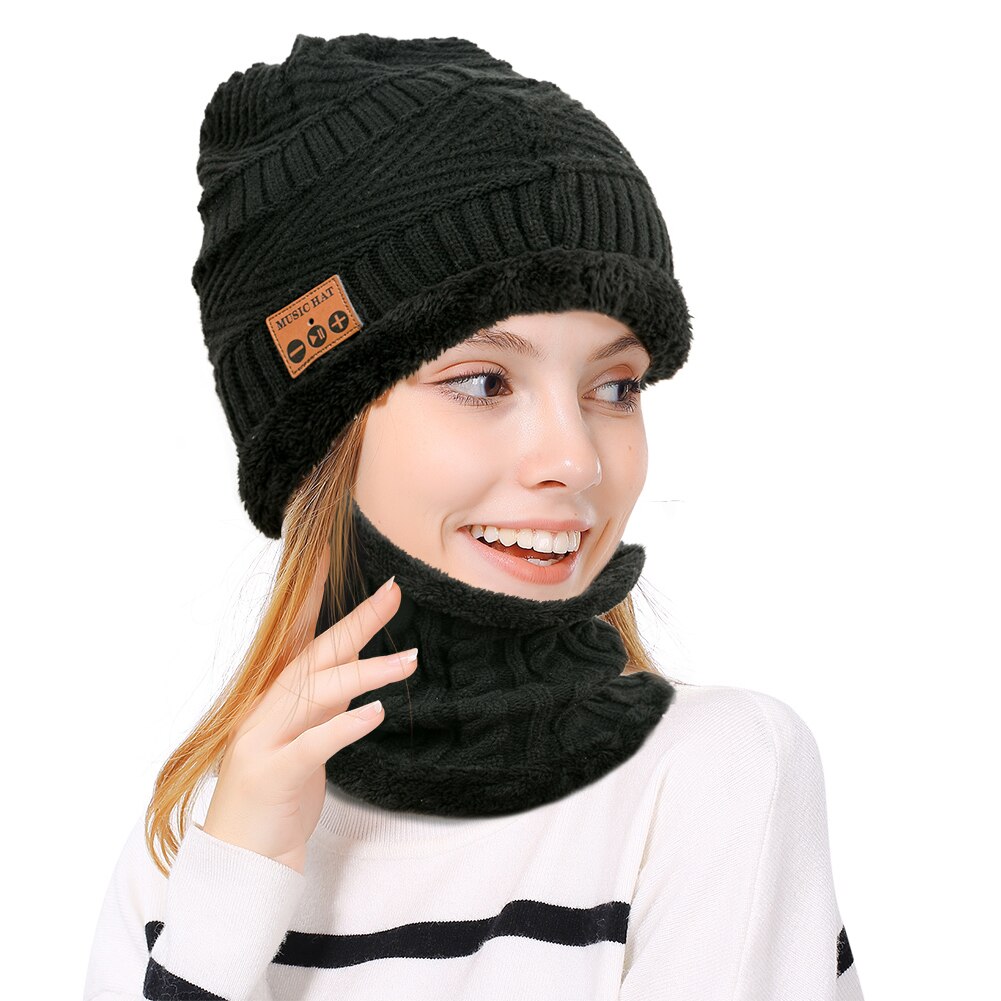 Dames heren hardlopen bluetooth muts winter warm buitensporten handsfree bellen draadloze hoofdtelefoon muziek muts nek buis gebreid: Zwart
