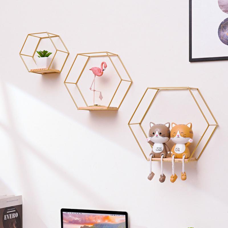 Wall Mounted Floating Hexagon Shelves, Metal Framed Gold Shelves With Wooden Floor For Wall Storage &amp; Display 2022