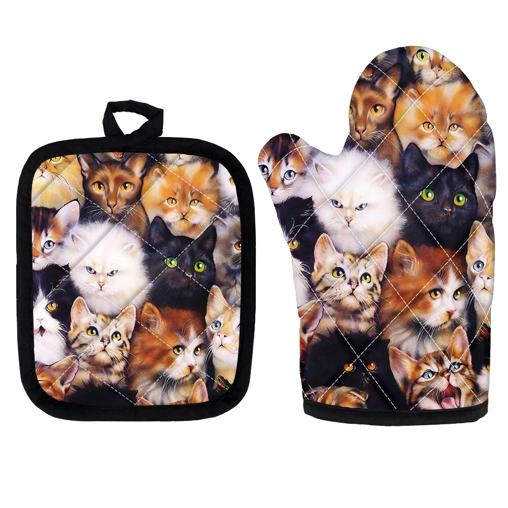 High Heat Protect Gloves Cute Cartoon Cat Print Polyester Microwave Oven BBQ Mitt Potholder Kitchen Mittens and Pad for Cooking: Z6607D19