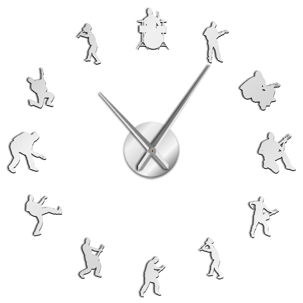 Drummer Music Rock Band DIY Giant Wall Clock Guitar Player Silhouette Decorative Large Wall Clock Guitarist Fremeless Wall Watch: Silver / 27 Inch