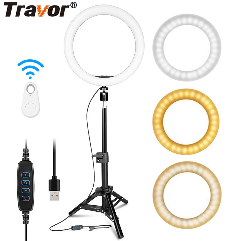 Travor Fotografie LED Selfie Ring Licht Dimbare Foto Video Light met Statief Telefoon Houder Voor Make Video Live Studio: RL-10