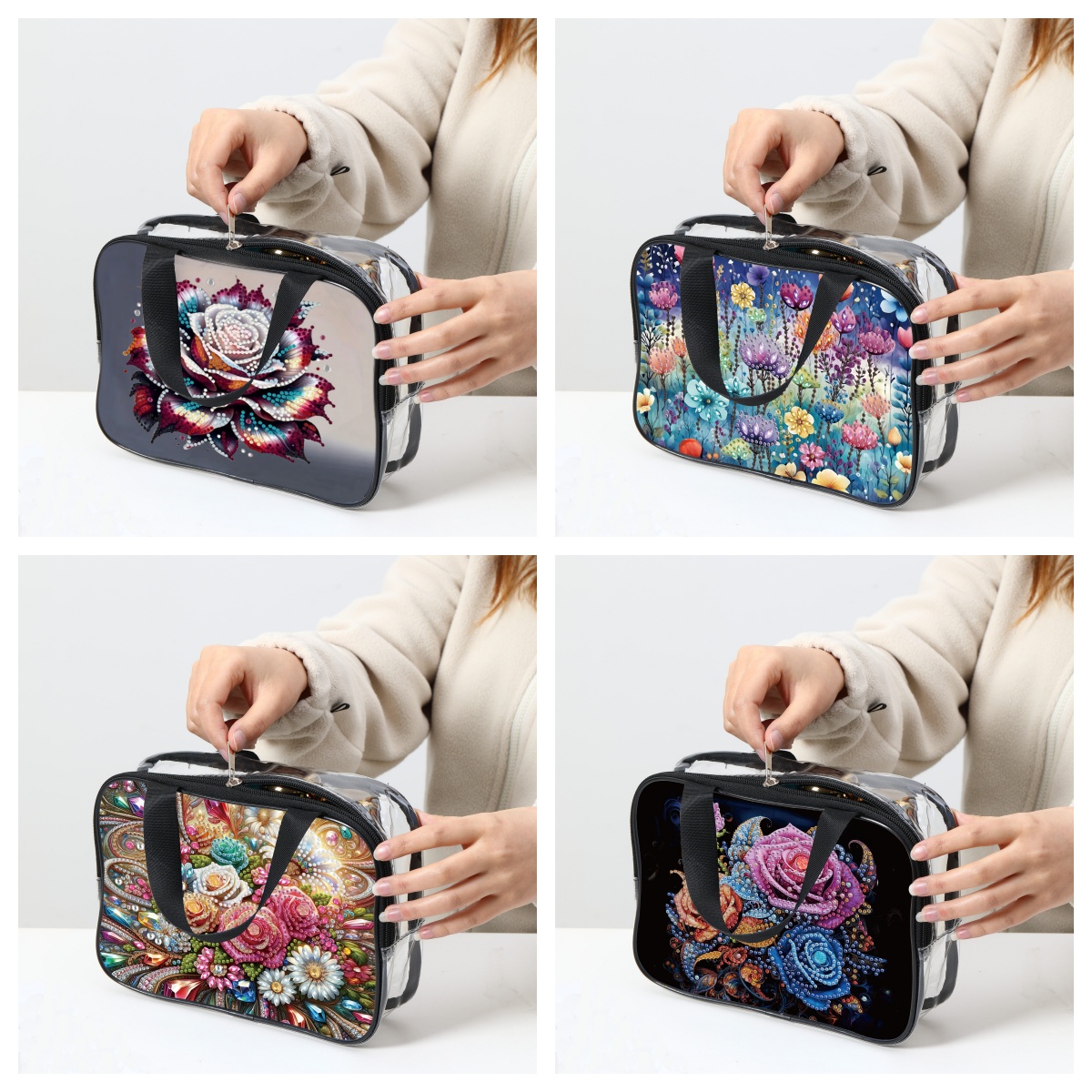 Bolsa de cosméticos con pintura de diamantes de flores DIY para adultos, bolsos de plástico transparente de PVC, bolsas de maquillaje transparentes para viaje, 1 ud.