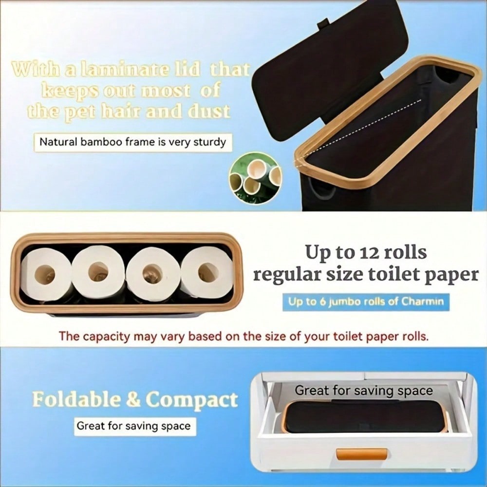 Bamboo Toilet Paper Holder , Multi-Functional Collapsible Bathroom, Bedroom, Dormitory Storage Basket, Laundry Basket