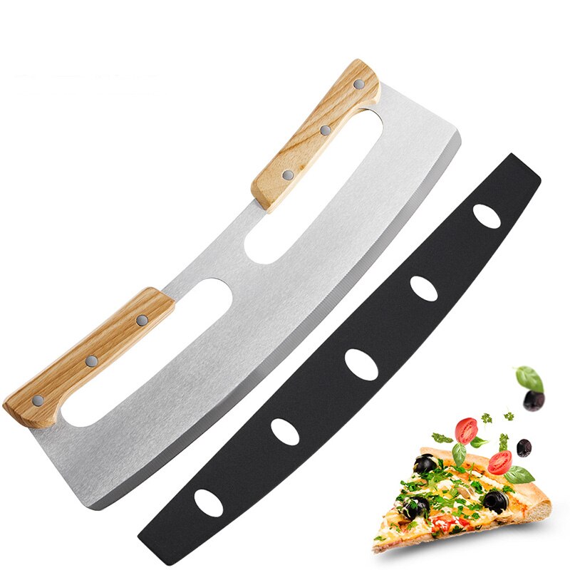 Two-handle Pizza Cutter Wooden Handle Half-round Pizza Hob Easy to Operate Rocker Knives for Kitchen Tool J2Y