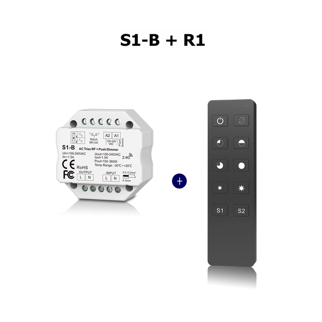 S1 S1-B R1 Triac Dimmer Controller Push-Dim AC100-240V 1 Channel Single Color 150-480W RF 10 keys Wireless Remote: S1-B R1