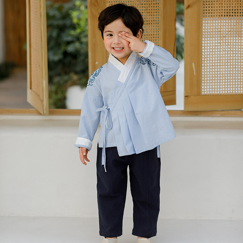 2Pcs Kids Blauw Hanfu Kinderen Baby Jongens Chinese Stijl Retro Geborduurde Rode Tang Pak Jaar Oosterse Kleding Set tops Broek: blue / 90cm