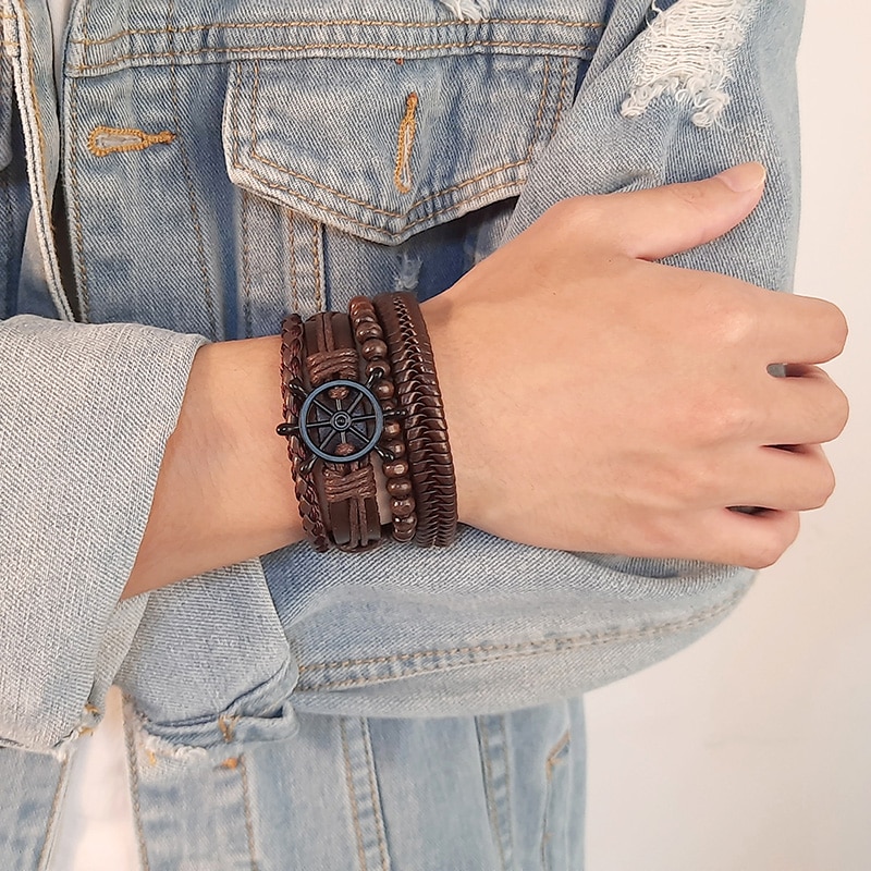 Bracelet rétro rotatif en perles d&#39;os de poisson pour hommes, bijoux tribaux originaux, manchette de surfeur, longueur réglable