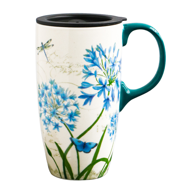 Tazza di porcellana dipinta a mano tazza di caffè in ceramica di grande capacità con coperchio ufficio casa coppia tazze di succo d'acqua in ceramica tutto'ingrosso: E-500ml