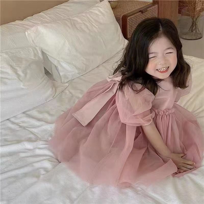 2098C Zomer 2022 Meisje Kleding Super Fee Prinses Jurk Koreaanse Kinderen Jurk Boog Losse Mesh Mouw Meisje Prinses jurk