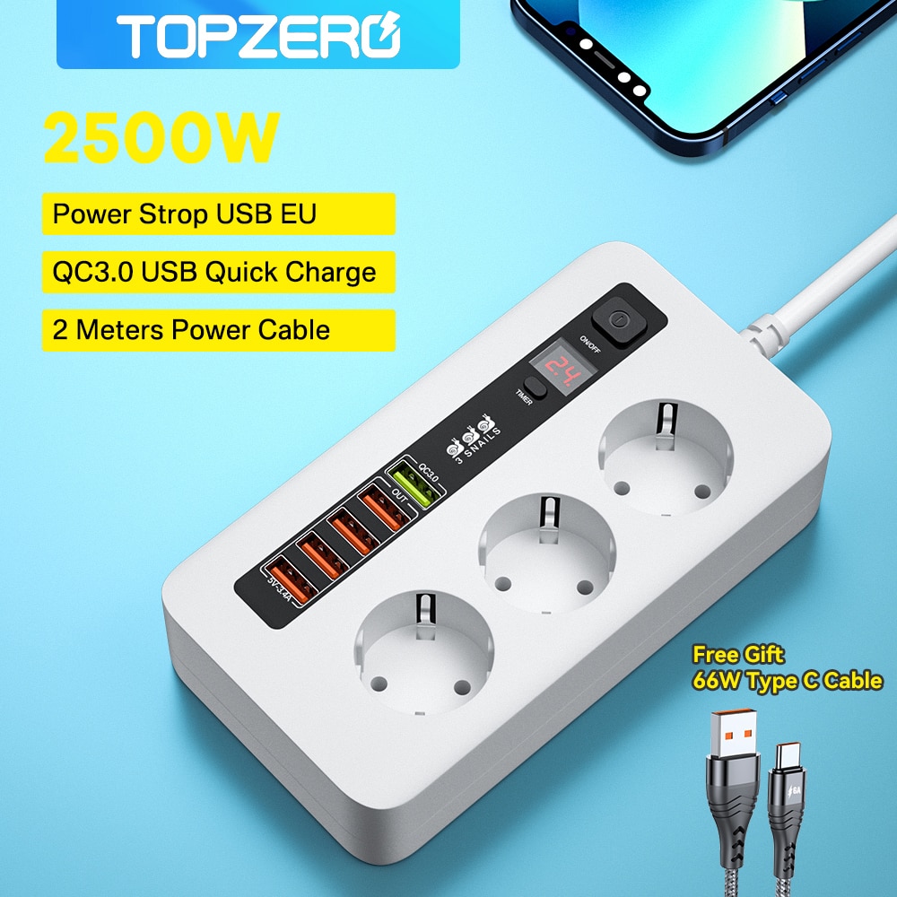 2500W Timer Smart Electrical Socket Power Strip Extension Cable With Switch Home Office Surge Protector 3 AC Outlet with 5 USB