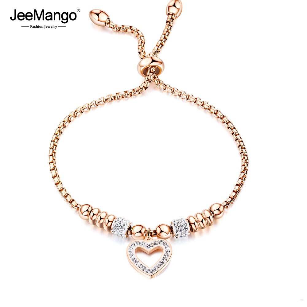 JeeMango Titanium Stainless Steel Mosaic Crytal Heart Charm Bracelets For Girl Rose Gold Adjustable Chain Link Bracelet JB20053
