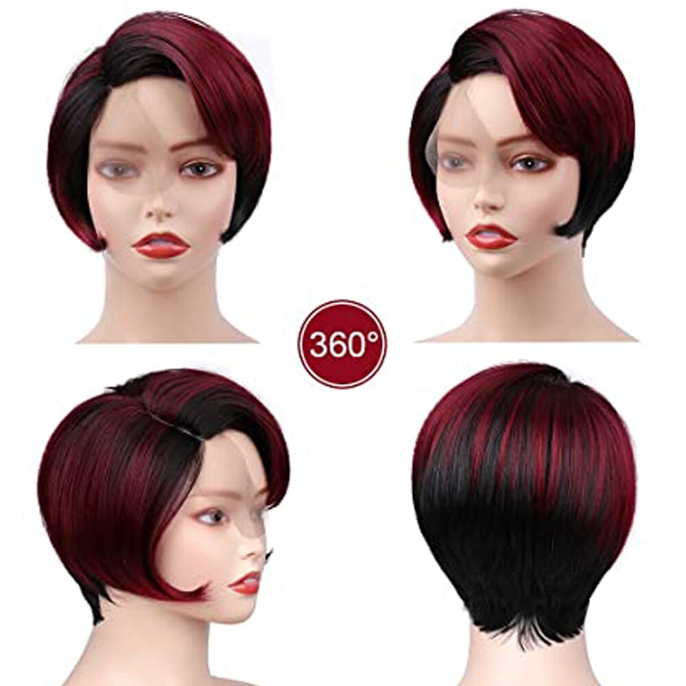 Transparent Lace Wig Red Short Bob Straight Natural Hair Synthetic Wigs Side Part PrePlucked Bleached Knots Drag Queen For Women