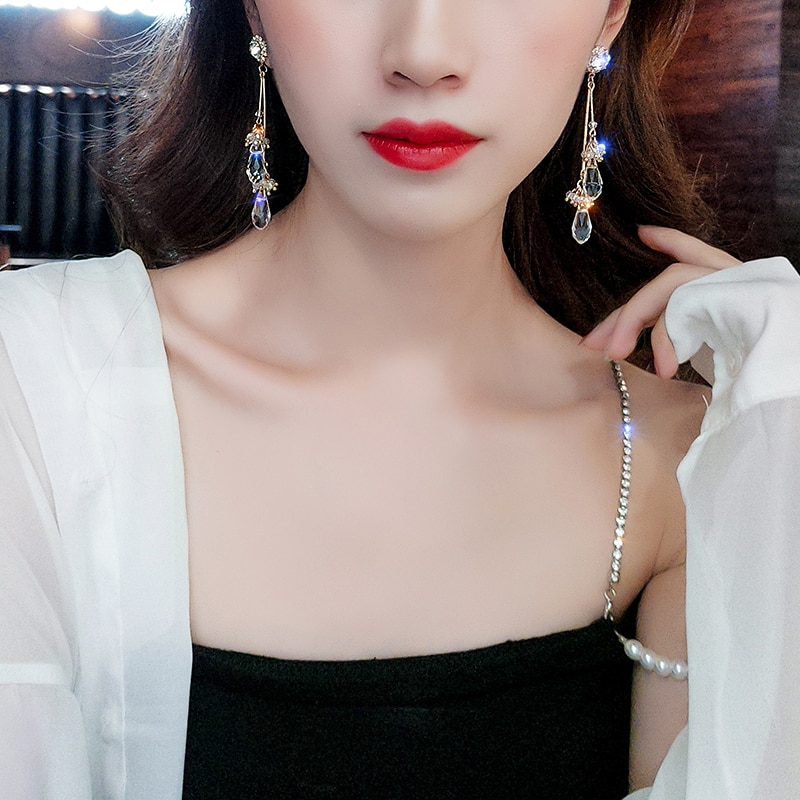 Crystal Trendy Water Women Dangle Earrings Female Pendant Earrings Long Style Korean Jewelry