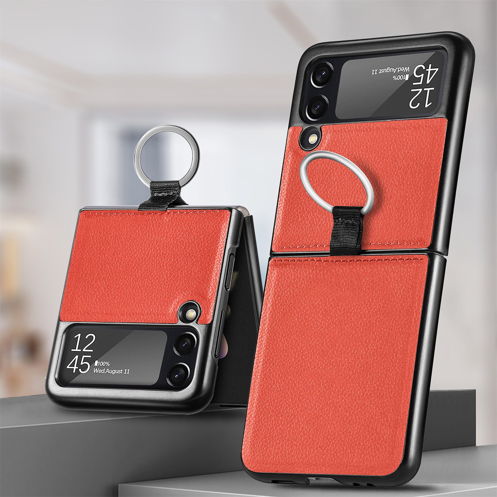 Moda Litchi tahıl halka durumda Samsung Galaxy Z Flip 3G kapak anti-vurmak lüks deri PU + PC durumlarda Flip3 RK9878