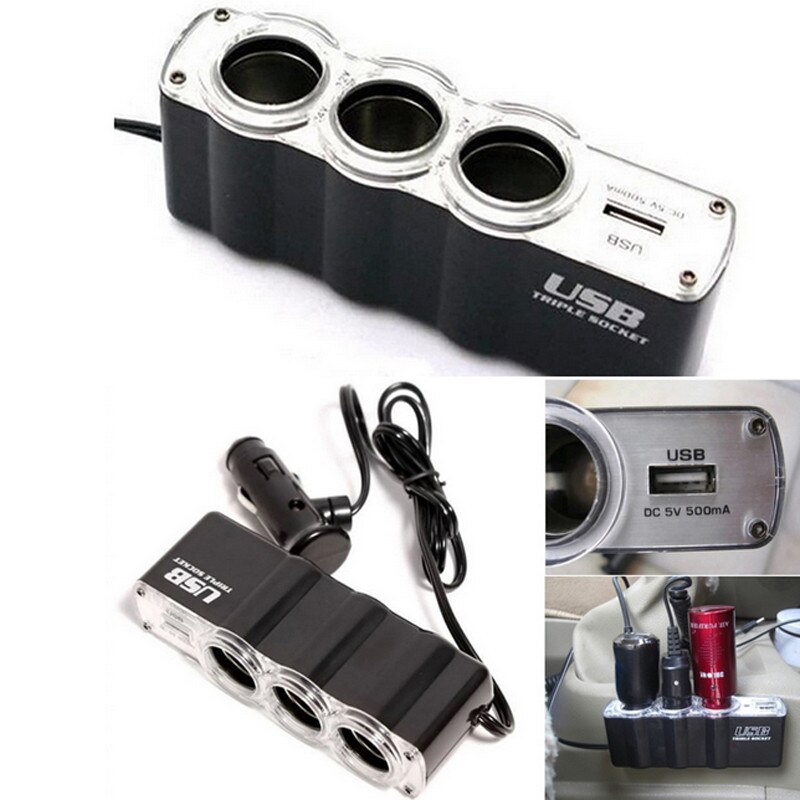 Auto Sigarettenaansteker Splitter Plug 1 Usb Charger 3 Socket Sigarettenaansteker Adapter Detectie Voor Telefoon MP3: Default Title