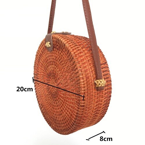 Round Straw Bags Women Summer Rattan Bag Handmade Woven Beach Crossbody Bag Circle Bohemia Handbag: L 20X8cm