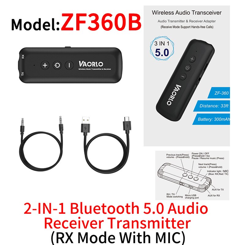 Vaorlo C28 ZF360 Bluetooth 5.0 Audio Adapter Stereo Muziek 3.5Mm Aux Draadloze Bluetooth Zender Ontvanger Voor Auto Hoofdtelefoon Tv: ZF360B 2 IN 1 RXTX