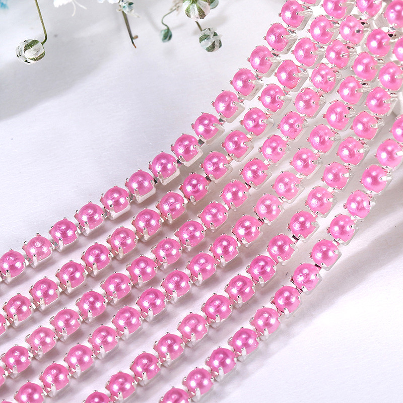 2Mm Crystal Pearl Rhinestone Chain Silver Base Cup Parel Ketting Voor Naaien Diy Kledingstuk Accessoires Trim: 2mm-1 yard / Dark pink