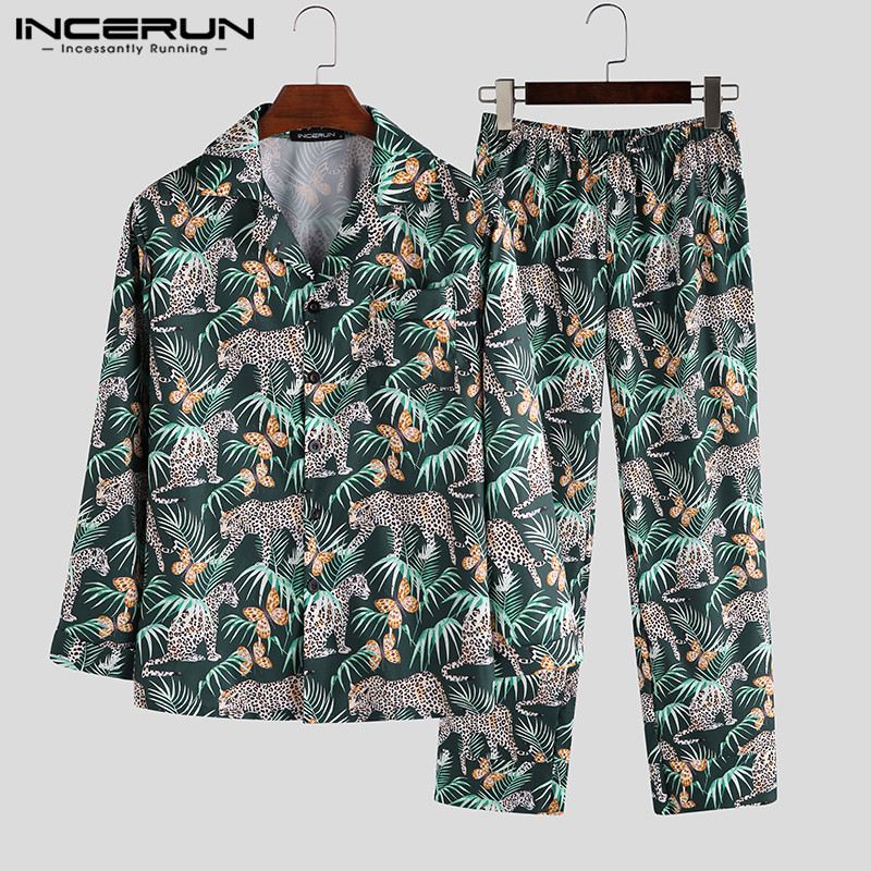 Incerun mænd nattøj sæt trykte langærmede toppe & bukser løst hjemmetøj 2 stk nattøj herre pyjamas sæt s -5xl: Grøn / Xxxl