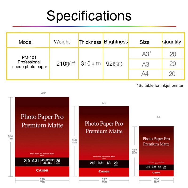 20 Sheets Canon original PM101 photo paper matte A4 A3 A2 photo paper pro100 printer photo paper