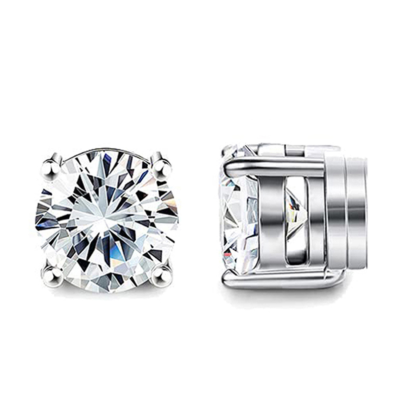 1 Pair Crystal Strong Magnetic Ear Stud Clip Earrings for Men Women Punk Round Zircon Magnet Earrings Non Piercing Jewelry: Rhodium Plated