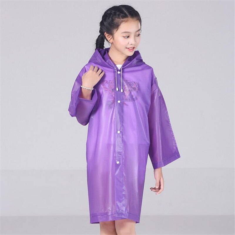Børn regnfrakke poncho lang gennemsigtig plastik regnfrakke dække vandtæt hætteklædt regntøj studerende børn pige dreng regnjakke: Lilla til børn