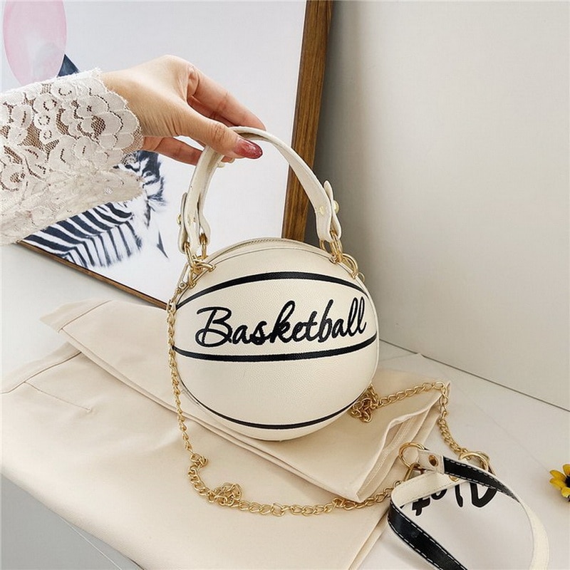 Basketball Shape Hand Bag Women Chains Handbag Letter Shoulder Bag Female Mini Crossbody Bags Circular Purse: White basketball