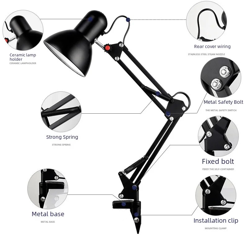 Amerikaanse stijl lange armen led-bureaulamp voor studie lezen oogbescherming metalen opvouwbare bureaulamp