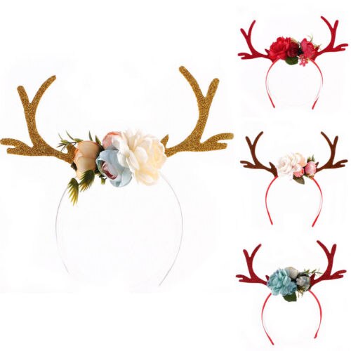 Diadema navideña para niña y mujer, disfraz cuernos de ciervo y flores, diadema para orejas, diadema para , vacaciones, novedad de Navidad