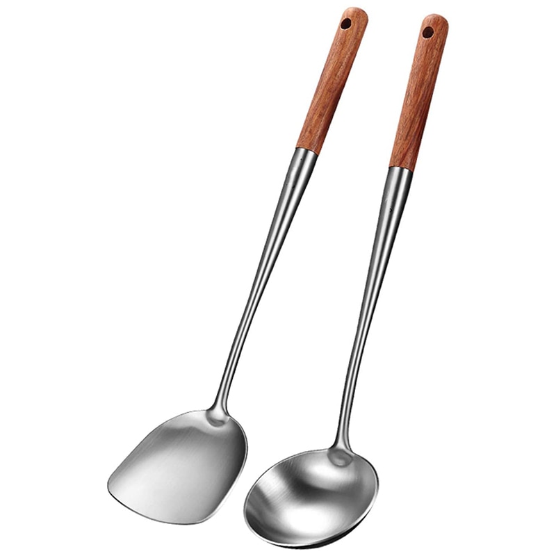 Wok spatel og øse værktøjssæt , 17 tommer spatel til wok, wok spatel i rustfrit stål: Default Title