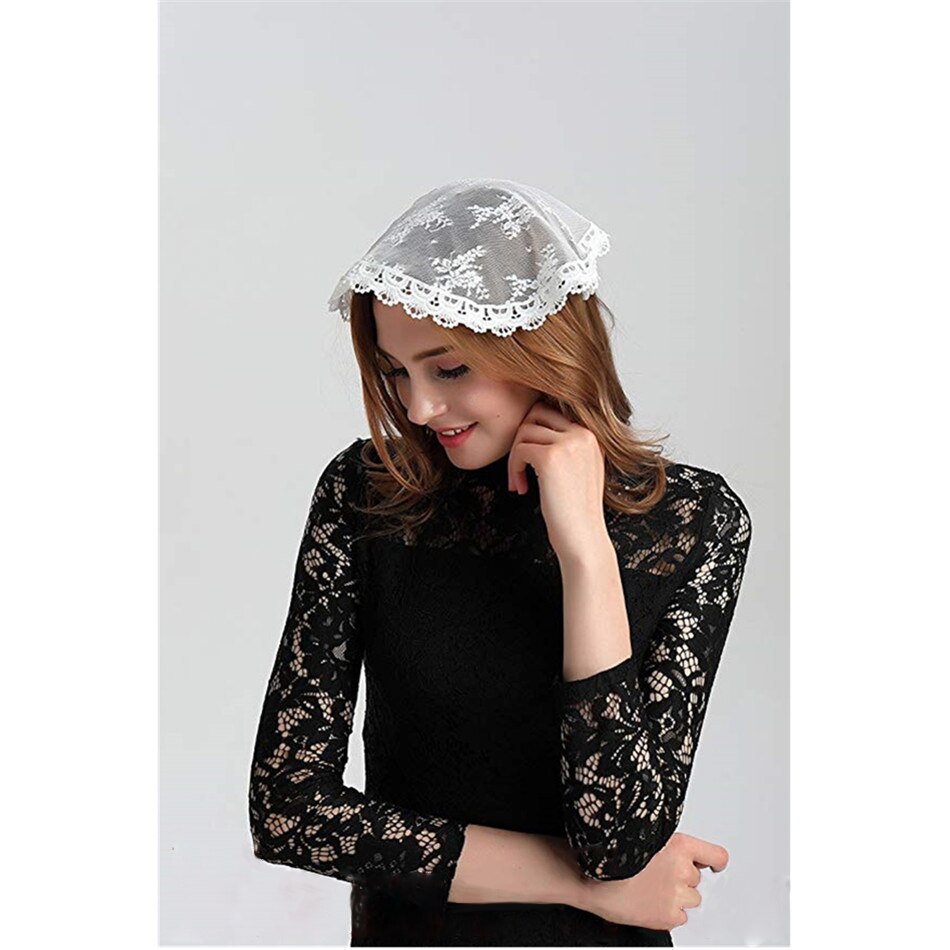 Velo de encaje blanco pequeño para iglesia, Mantilla pequeña de encaje con borde de encaje para cobertura de la Iglesia Católica Latino