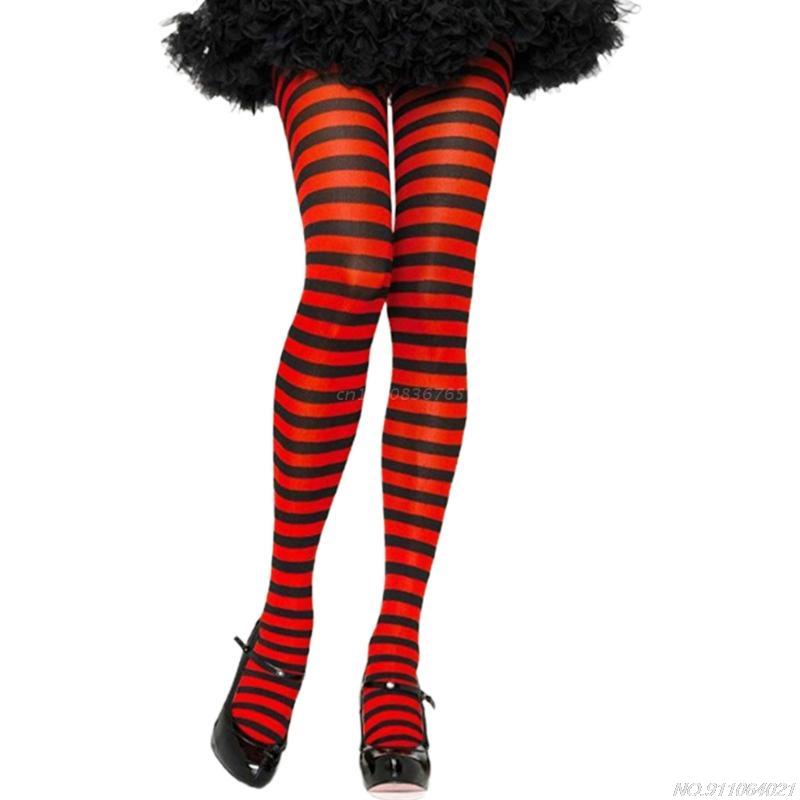 Women Girls Rainbow Multicolor Striped Tights Opaque Stockings Full Length Slim Pantyhose for Christmas Halloween Cosplay au20: Red black