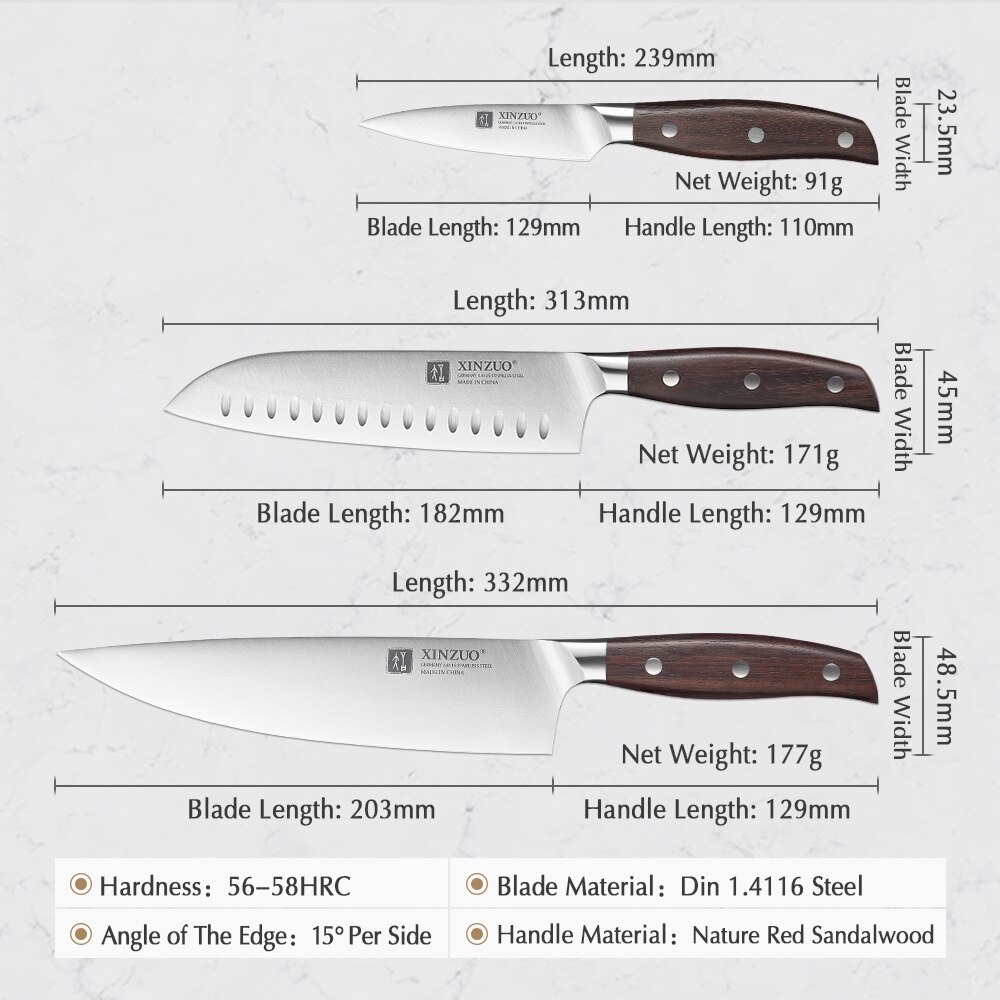 Xinzuo köksredskap 3 st kökskniv set verktygskock satoku kniv tysk 1.4116 rostfritt stål knivskarpa matlagningsverktyg