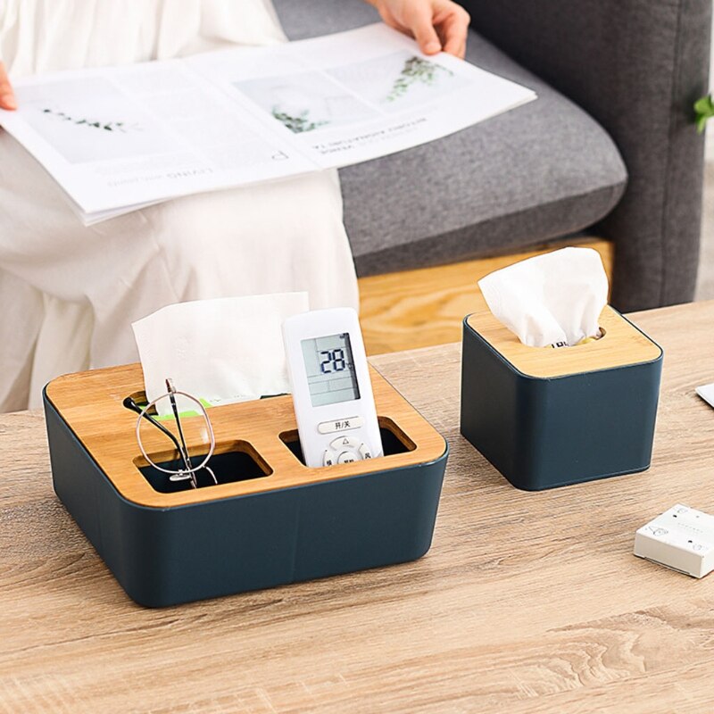 Plastic Tissue Box Bamboo Cover Napkin Paper Dispenser Organizer Cosmetic Storage Remote Control Container for Office