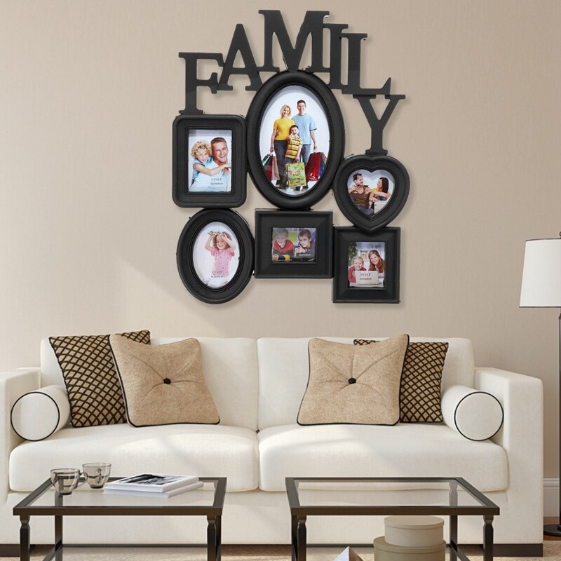 Family Photo Frame Wall Hanging 6 Multi-Sized Pictures Holder Display Home Decor 30X37Cm Back Side with Pull Tabs - Black