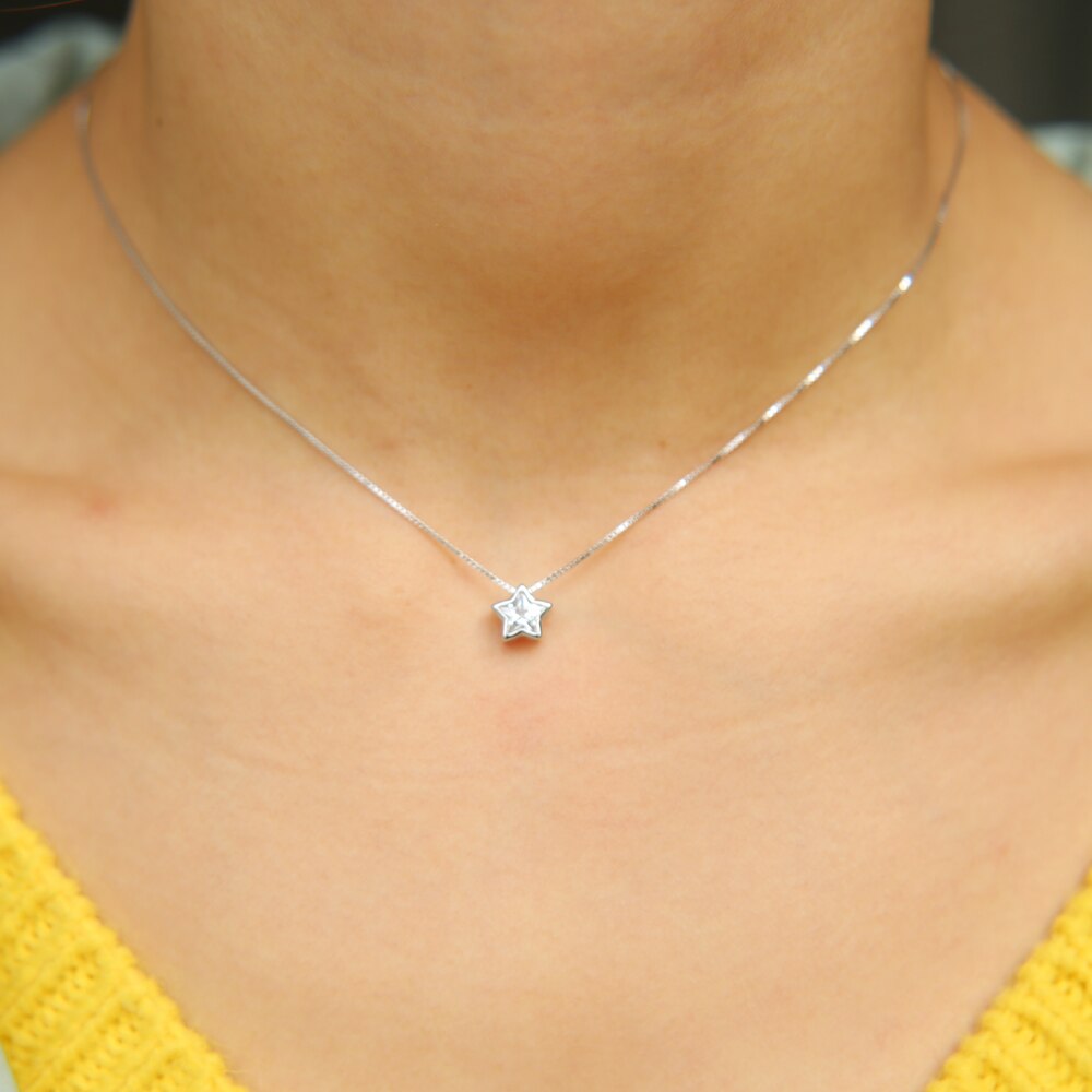 Single Stone Solitaire Cz Cubic Zirconia Delicate Dainty Box Chain 925 Sterling Silver Bezel Heart Single Stone Star Necklace