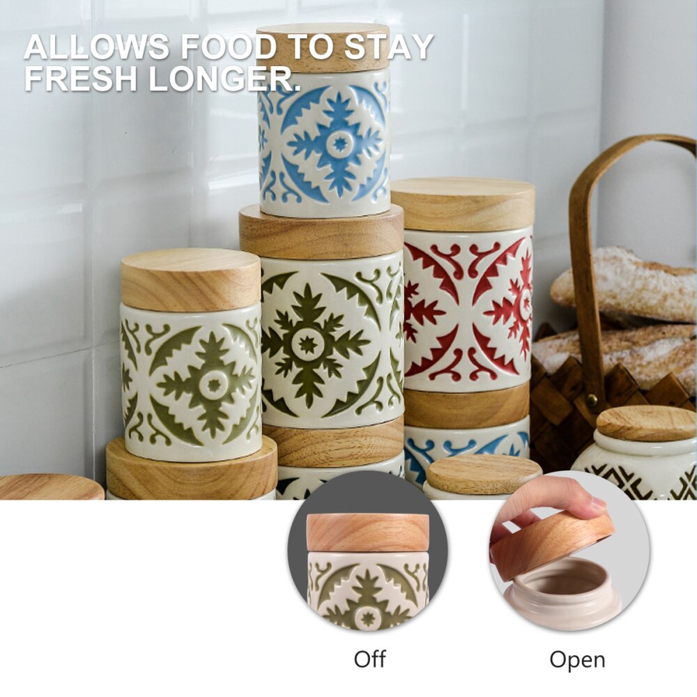 Ceramic Grain Canister Food Kitchen Sealed Storage Container Empty Storage Jar Dried Fruit Jar with Wooden Lid (Red)