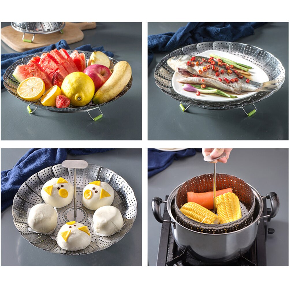 Vaporera de acero inoxidable plegable de dos pisos, cesta de vapor para alimentos, bandeja de malla para postres de frutas, cocina para albóndigas y verduras, vaporera