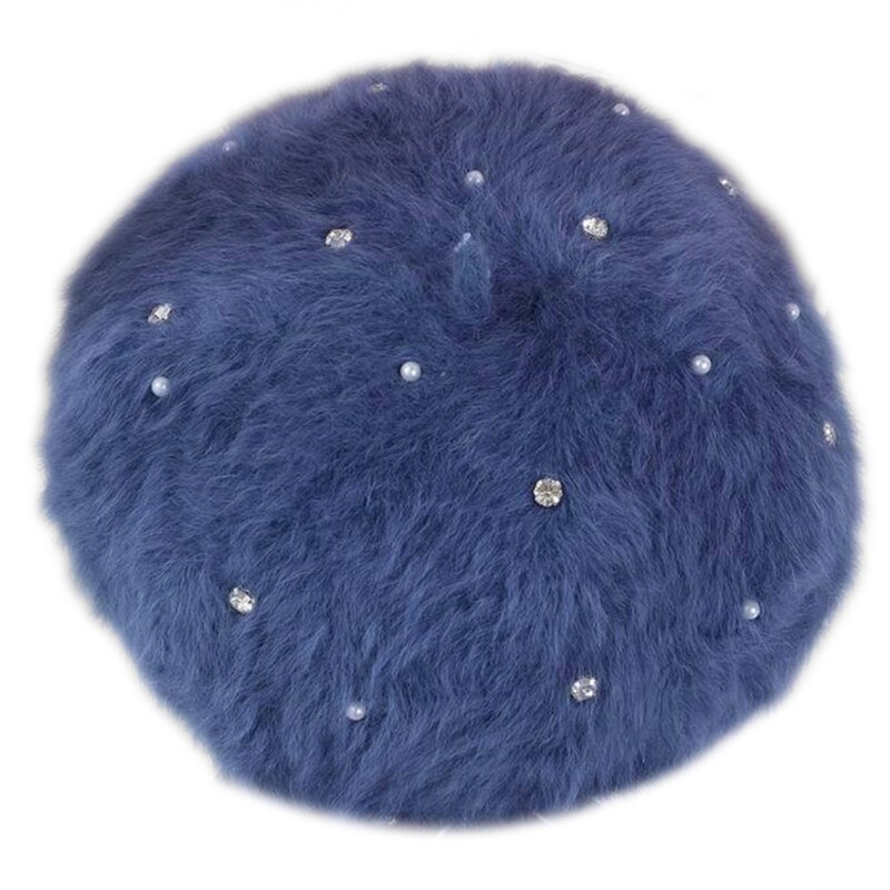 Vrouwen winter zachte pluche baret pet met strass parel kralen schilder muts  j78e: Marine