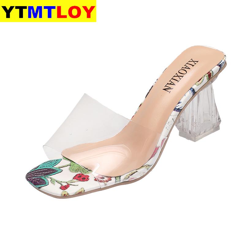 Klare hæle hjemmesko kvinder sandaler sommer gennemsigtige sko firkantede høje pumps jelly buty damskie gladiator firkantet hæl blomst